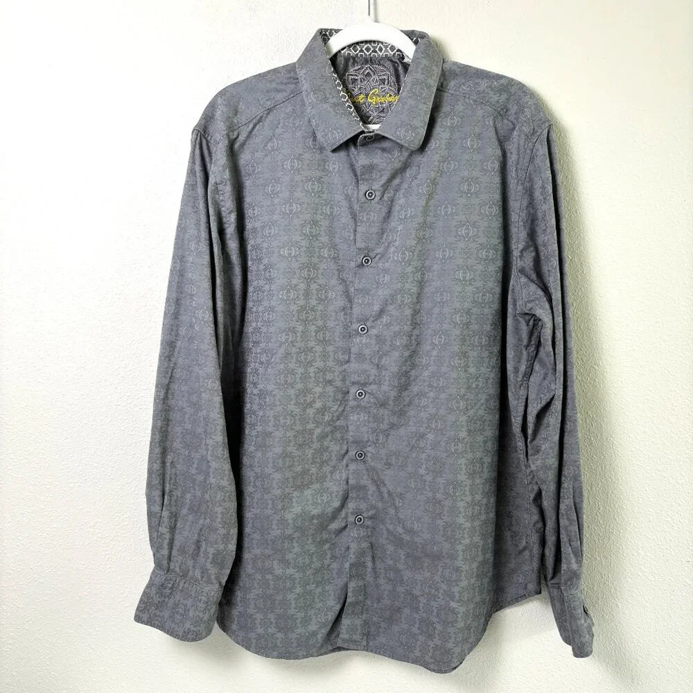Robert Graham‎ Classic Fit Shirt Size 2XL Gray Damask Flip Cuff Long Sleeve